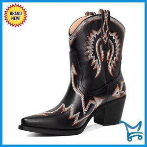 Women's Western Ankle Boots Embroidered Pointed Toe Pull-On Wide Calf